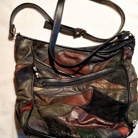 Patchwork Leather Shoulder Bag Multicolor Boho Artsy Earthly Retro - Picture 2 of 6